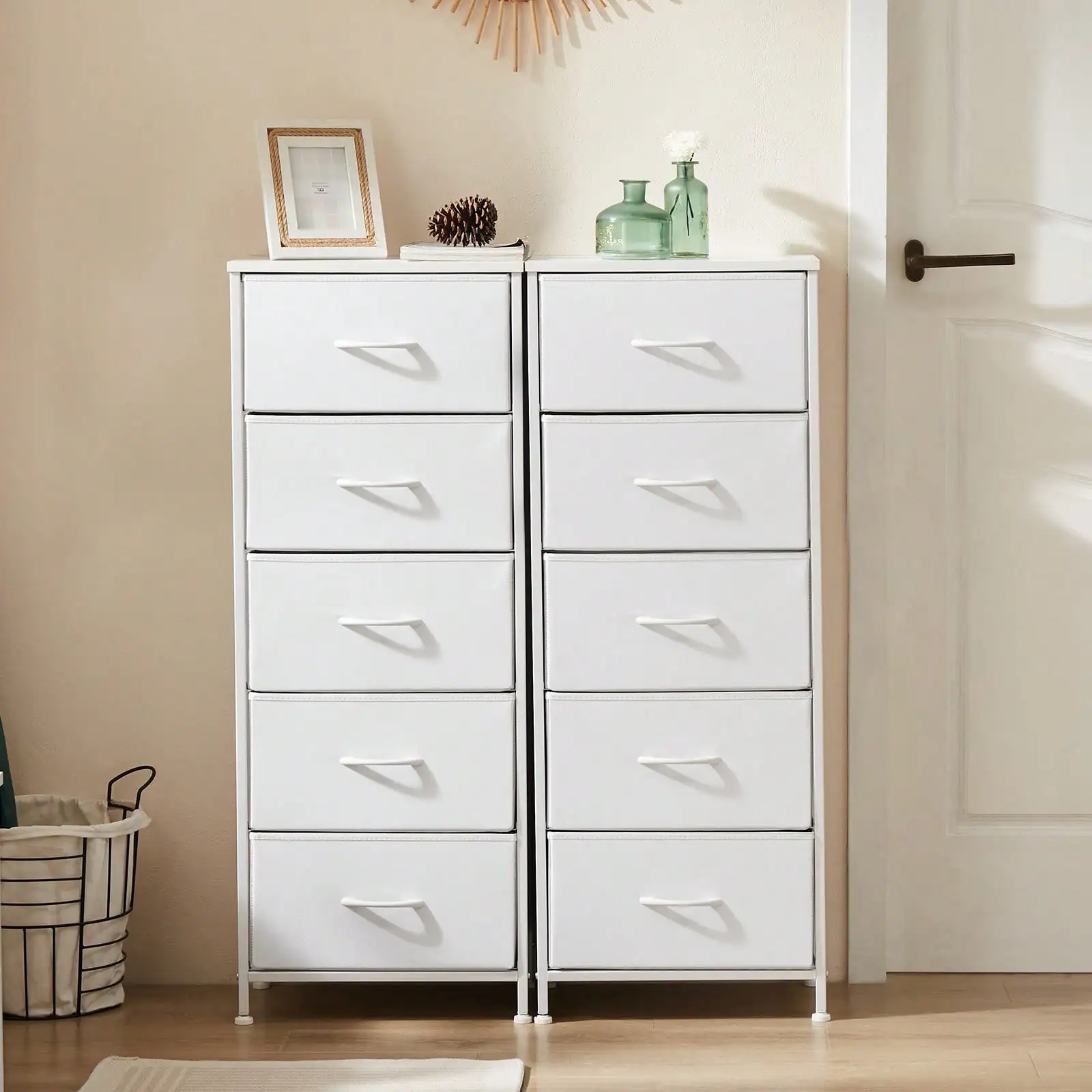 5 Drawer Dresser with Wood Top & Steel Frame, Fabric Storage Bin Chest, Sturdy Organizer for Bedroom Closet Hallway,