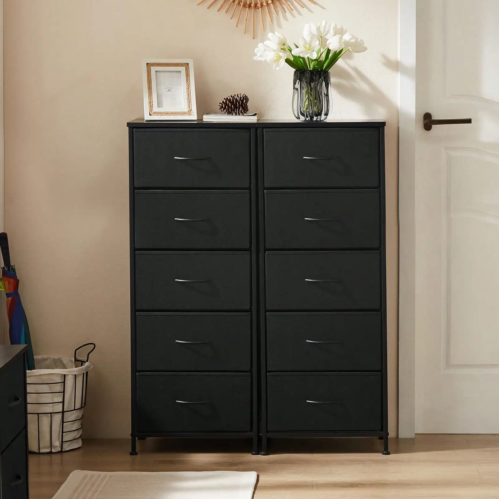 5 Drawer Dresser with Wood Top & Steel Frame, Fabric Storage Bin Chest, Sturdy Organizer for Bedroom Closet Hallway,