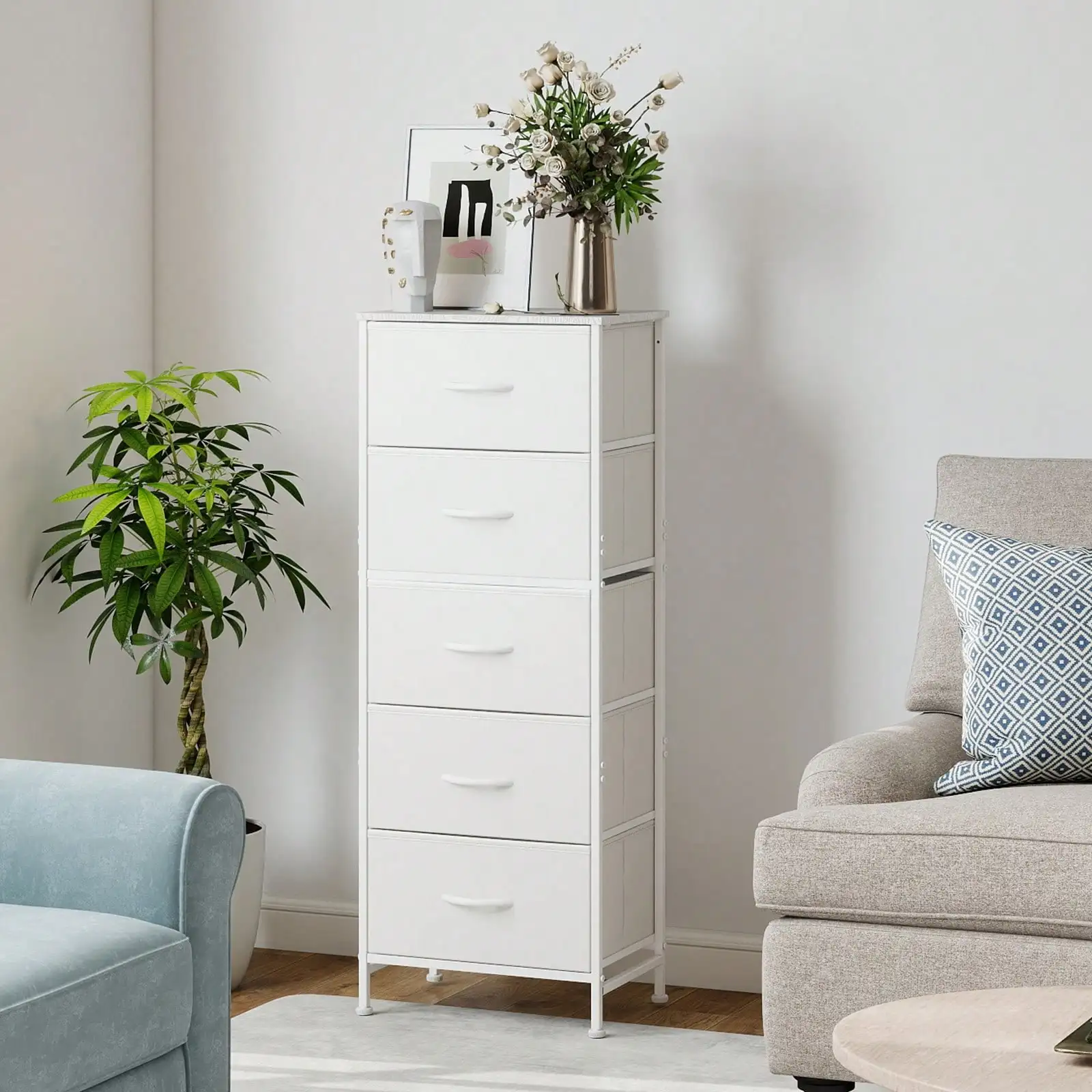 5 Drawer Dresser with Wood Top & Steel Frame, Fabric Storage Bin Chest, Sturdy Organizer for Bedroom Closet Hallway,