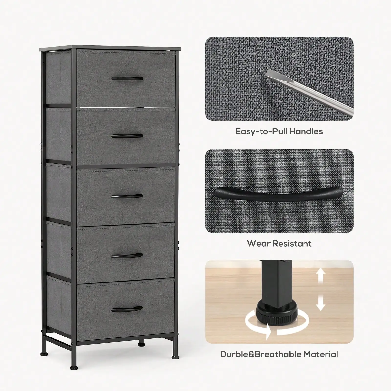 5 Drawer Dresser with Wood Top & Steel Frame, Fabric Storage Bin Chest, Sturdy Organizer for Bedroom Closet Hallway,