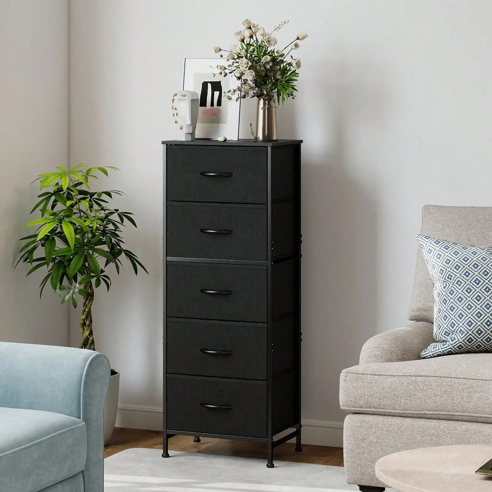 5 Drawer Dresser with Wood Top & Steel Frame, Fabric Storage Bin Chest, Sturdy Organizer for Bedroom Closet Hallway,