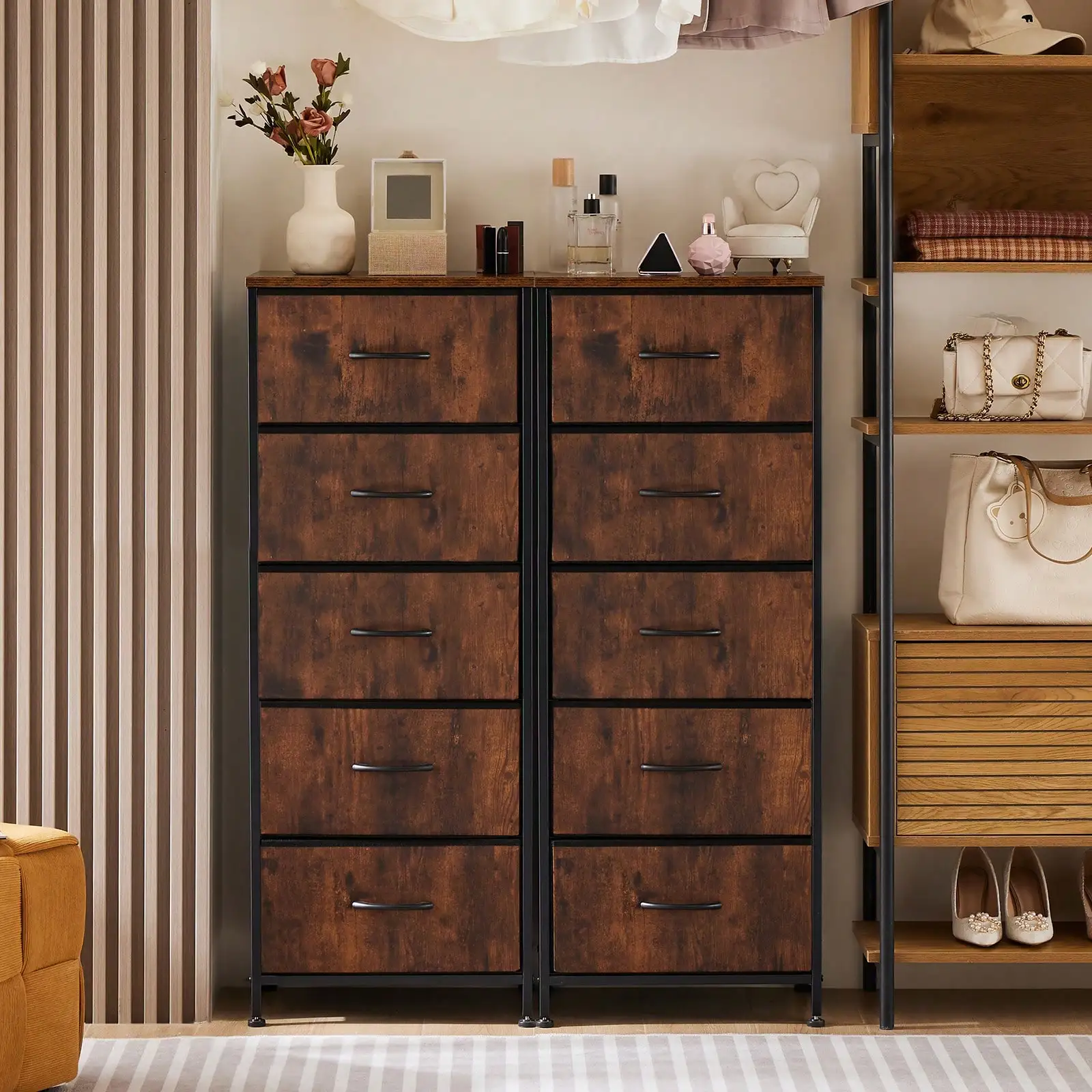 5 Drawer Dresser with Wood Top & Steel Frame, Fabric Storage Bin Chest, Sturdy Organizer for Bedroom Closet Hallway,