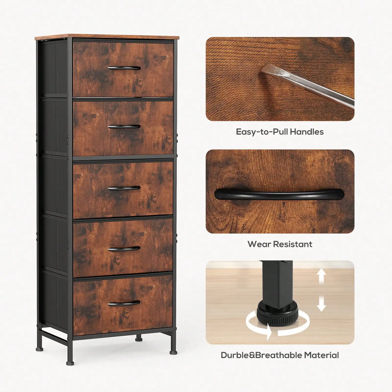 5 Drawer Dresser with Wood Top & Steel Frame, Fabric Storage Bin Chest, Sturdy Organizer for Bedroom Closet Hallway,