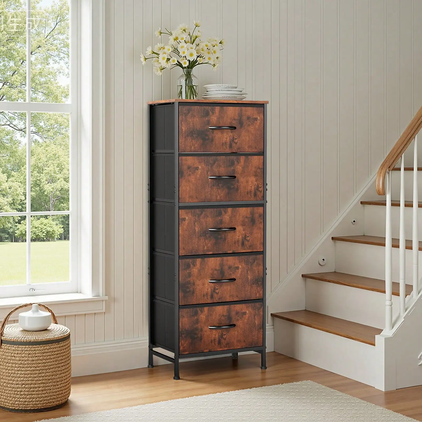 5 Drawer Dresser with Wood Top & Steel Frame, Fabric Storage Bin Chest, Sturdy Organizer for Bedroom Closet Hallway,