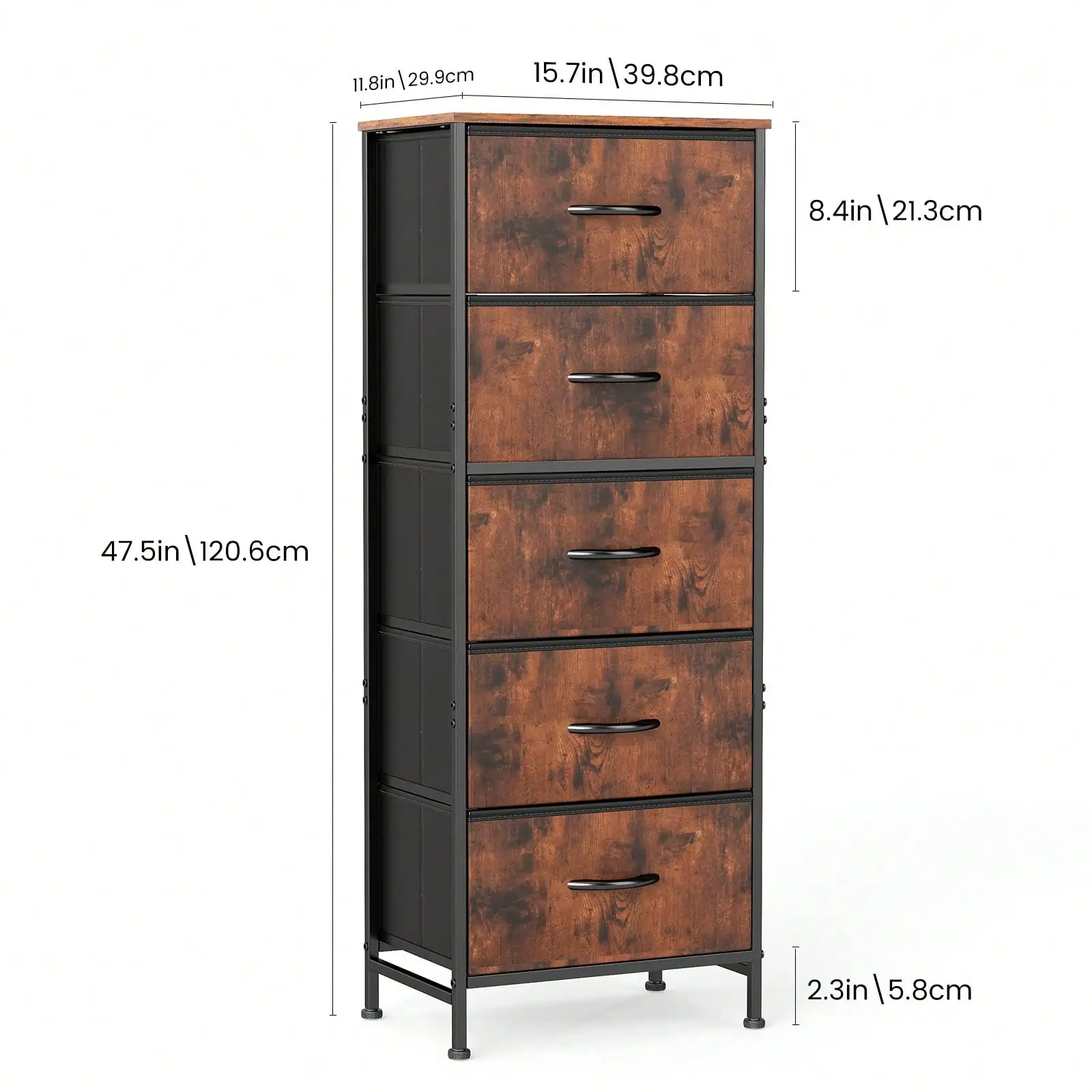 5 Drawer Dresser with Wood Top & Steel Frame, Fabric Storage Bin Chest, Sturdy Organizer for Bedroom Closet Hallway,