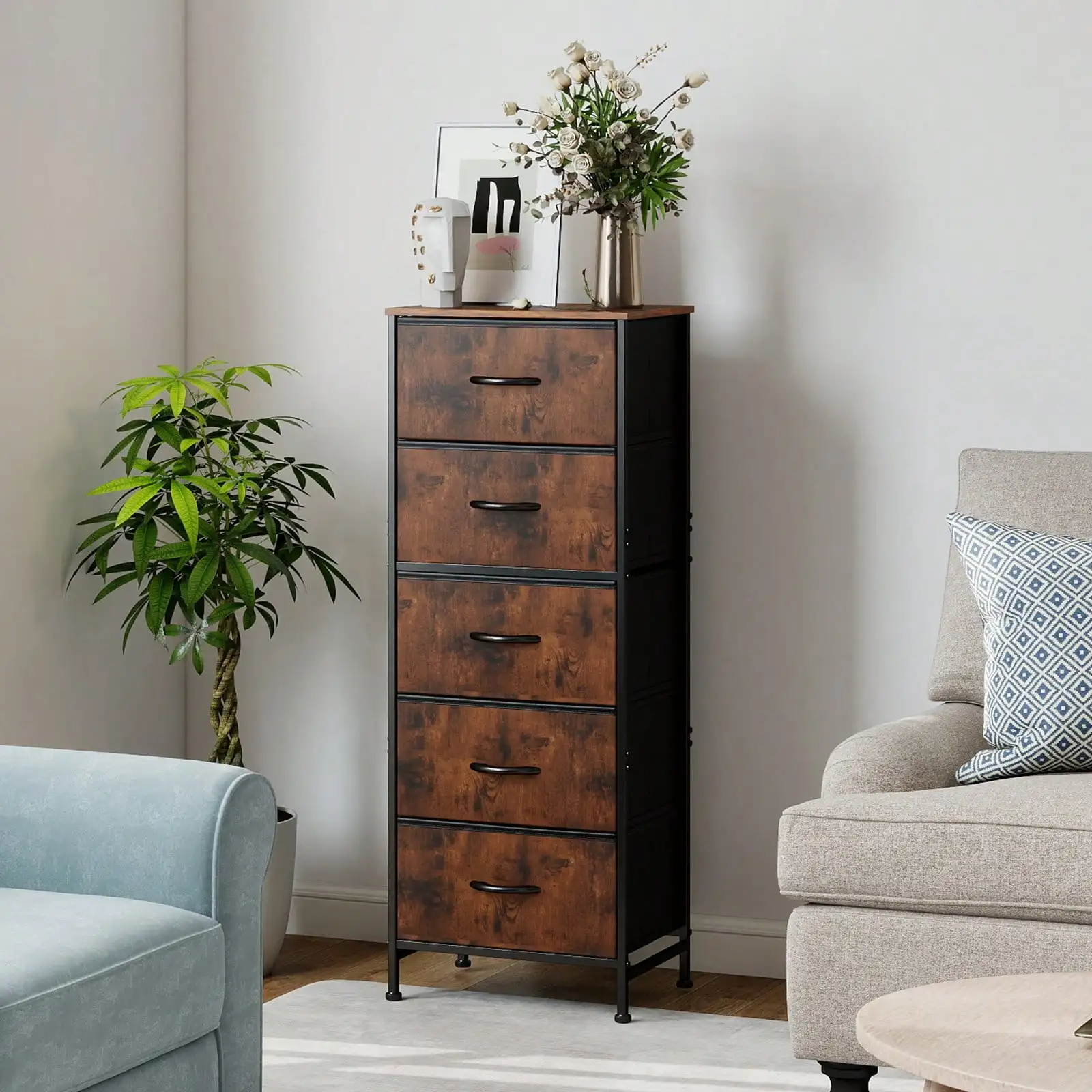 5 Drawer Dresser with Wood Top & Steel Frame, Fabric Storage Bin Chest, Sturdy Organizer for Bedroom Closet Hallway,