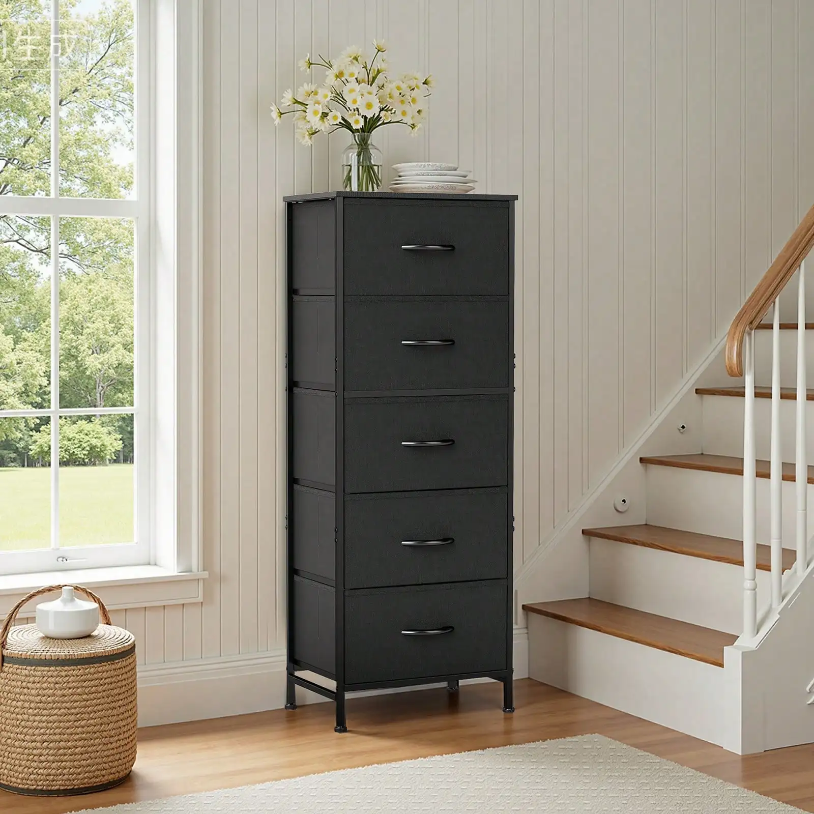 5 Drawer Dresser with Wood Top & Steel Frame, Fabric Storage Bin Chest, Sturdy Organizer for Bedroom Closet Hallway,