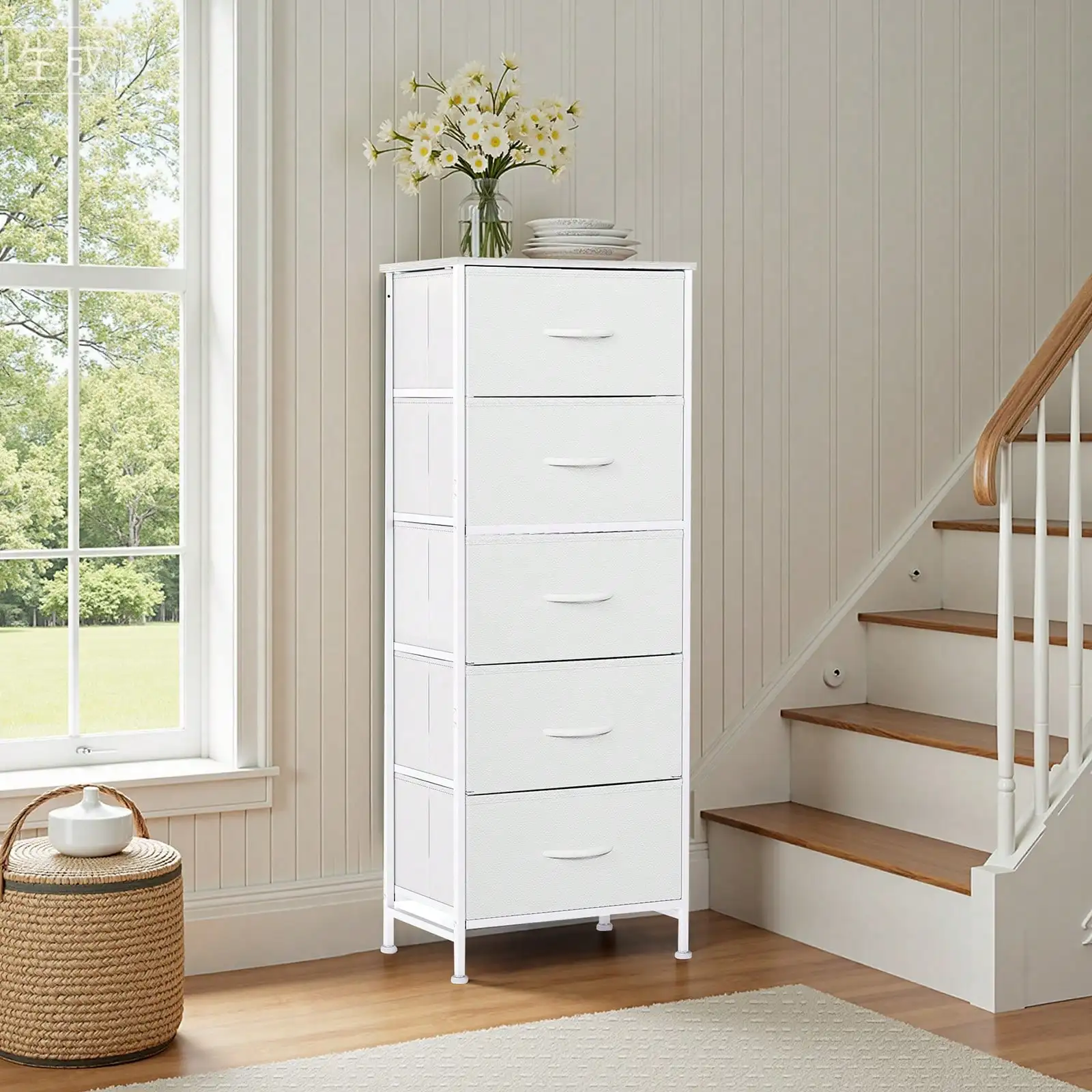 5 Drawer Dresser with Wood Top & Steel Frame, Fabric Storage Bin Chest, Sturdy Organizer for Bedroom Closet Hallway,
