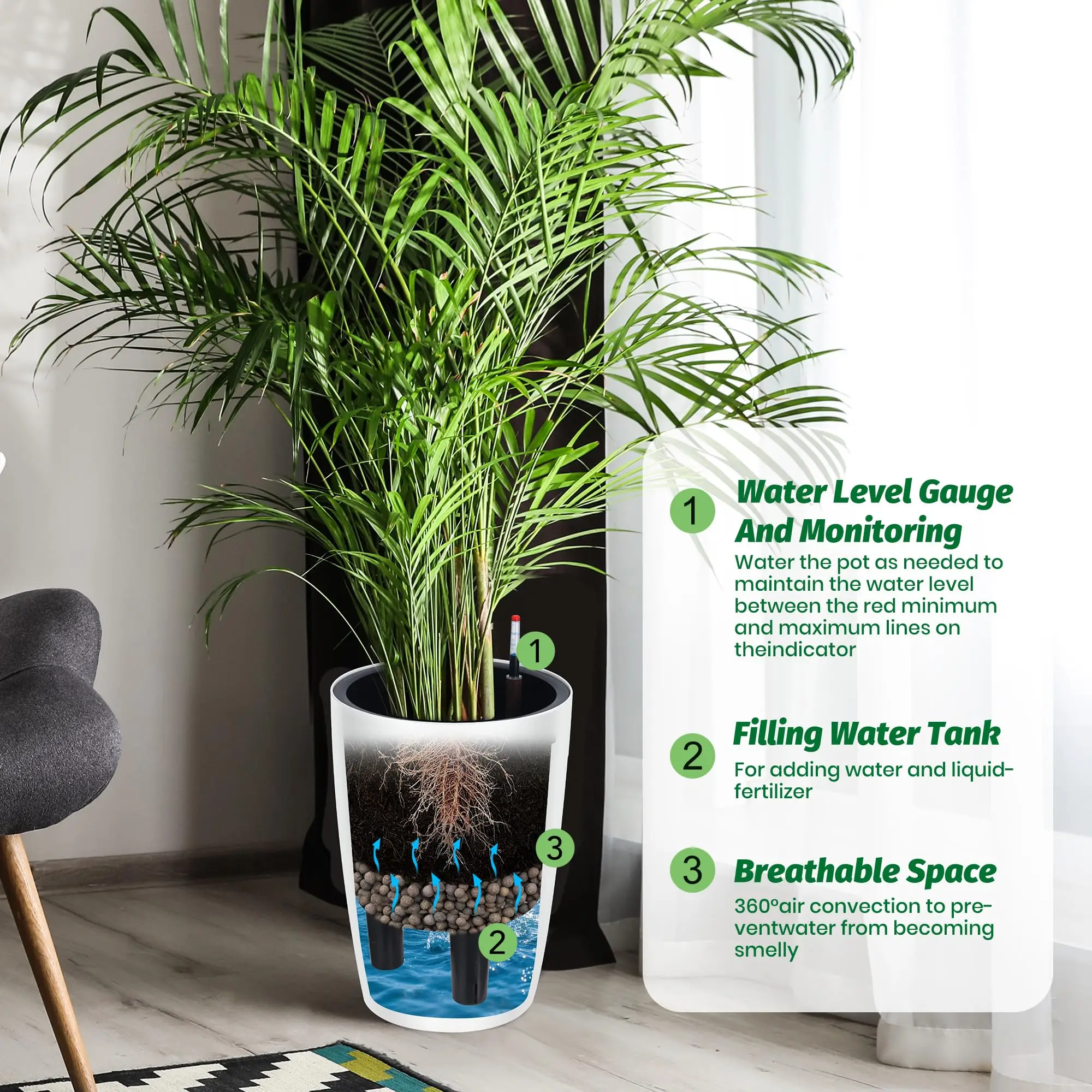 16 Inch Tall Self Watering Planters Set Of 2 With Water Level Indicator, Drainage Reservoir Indoor Outdoor Flower Pots For Patio Porch