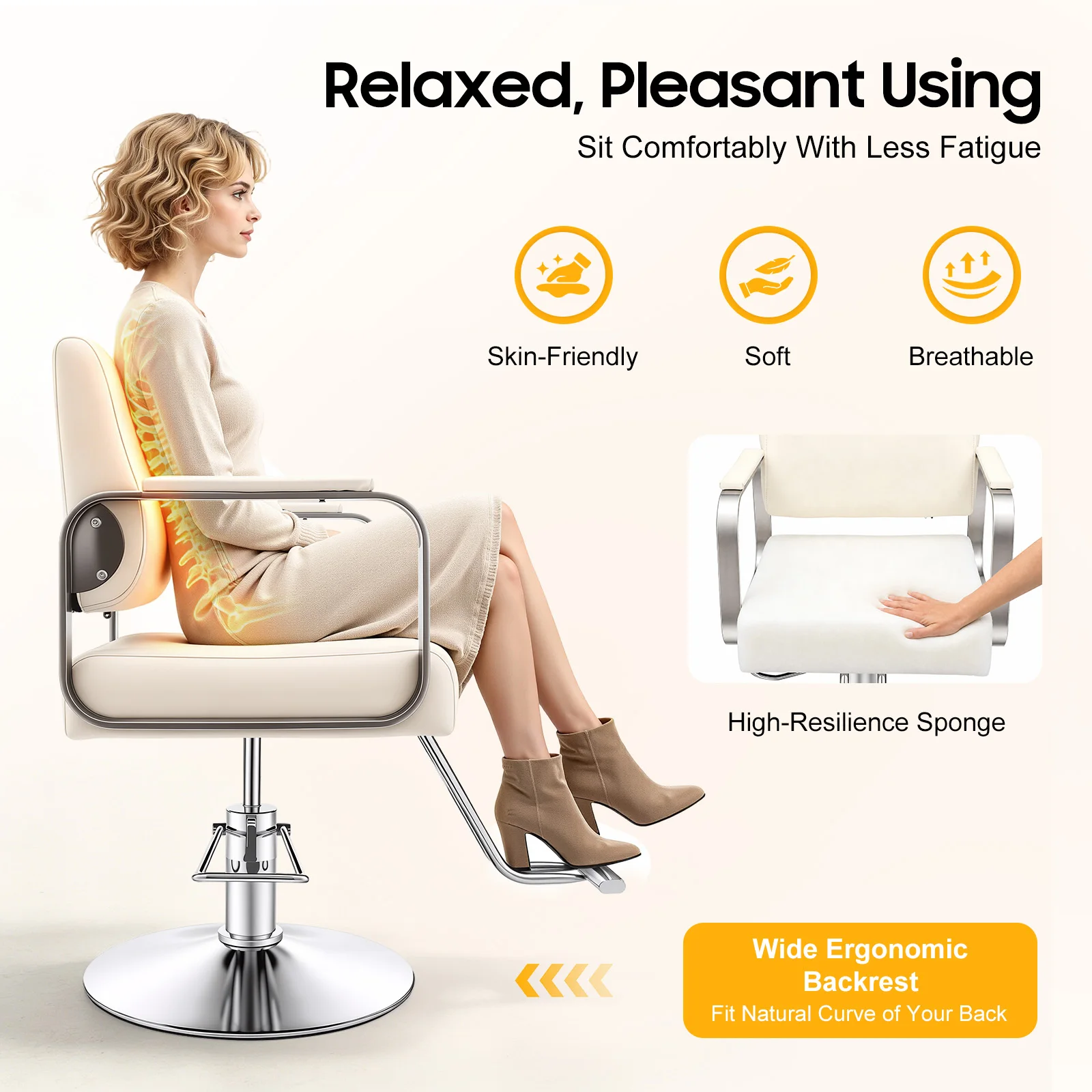 Salon Chair – Pu Cushion – Ergonomic Backrest – Height Adjustable 31.9-35.4" – 360 ° Rotation – 440 Lbs Capacity – Electroplated Carbon Steel – Beige White Silver