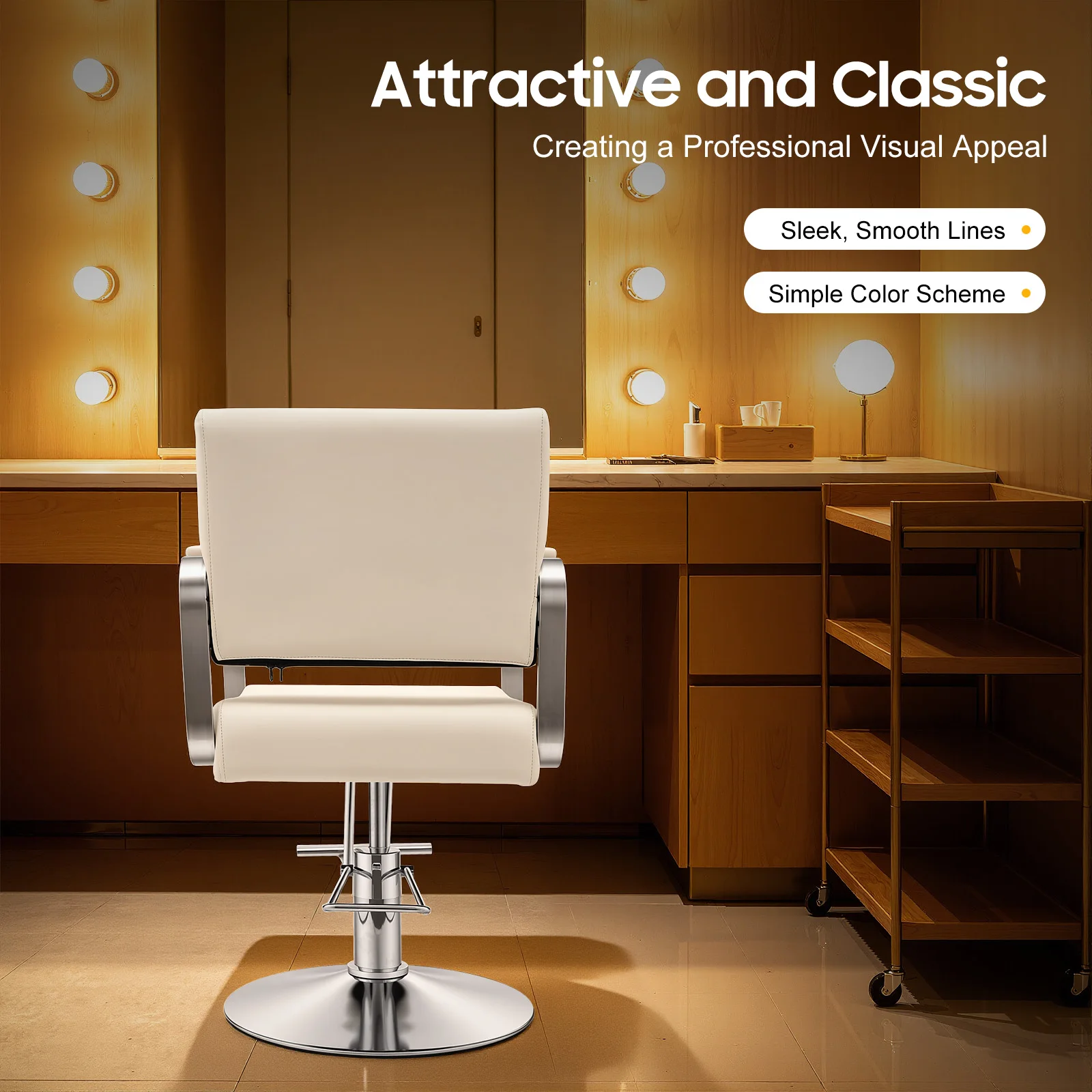 Salon Chair – Pu Cushion – Ergonomic Backrest – Height Adjustable 31.9-35.4" – 360 ° Rotation – 440 Lbs Capacity – Electroplated Carbon Steel – Beige White Silver