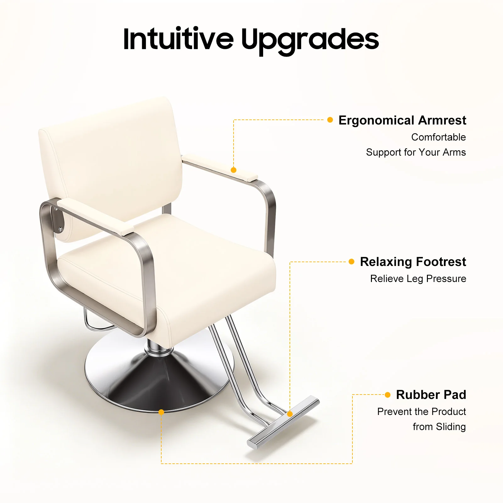 Salon Chair – Pu Cushion – Ergonomic Backrest – Height Adjustable 31.9-35.4" – 360 ° Rotation – 440 Lbs Capacity – Electroplated Carbon Steel – Beige White Silver