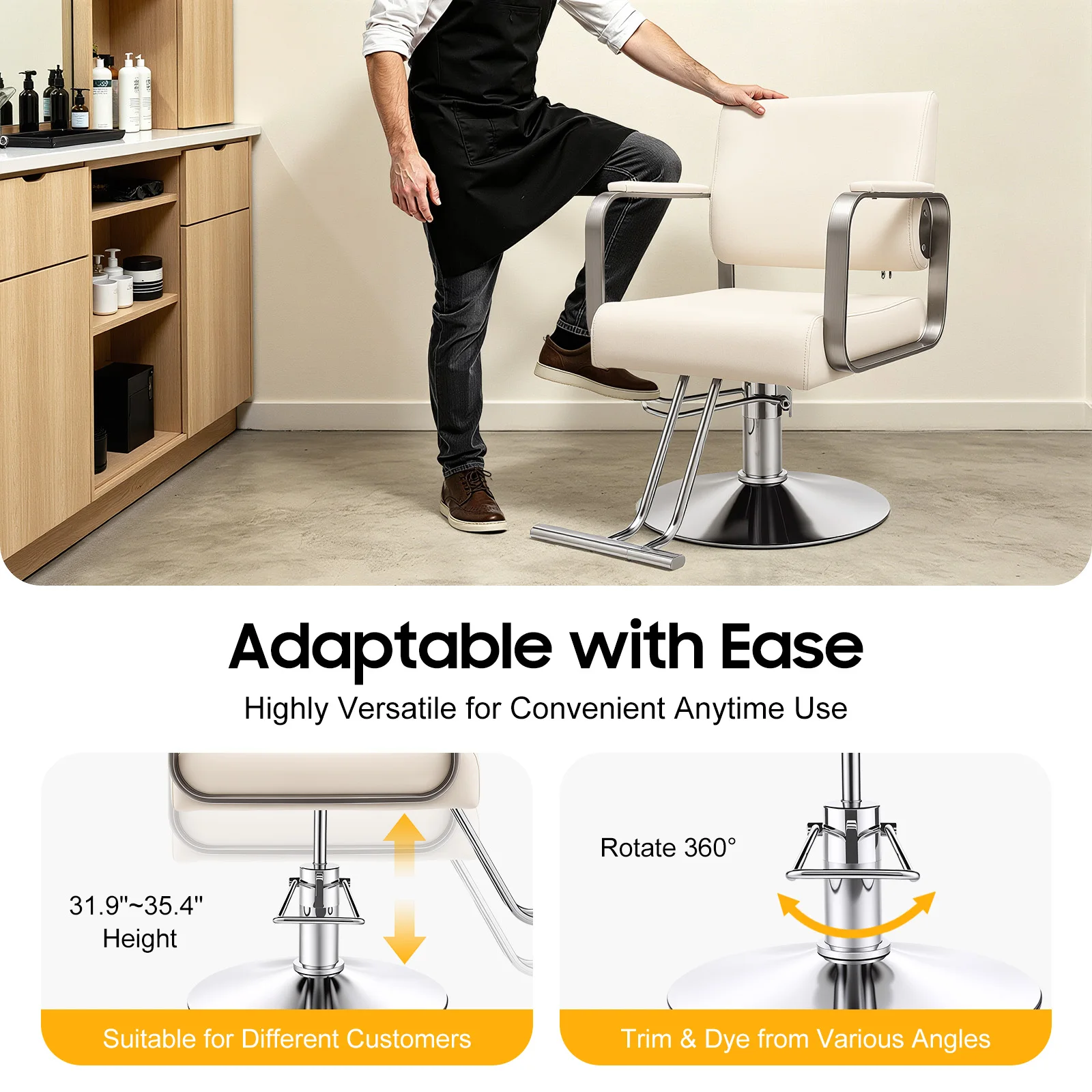 Salon Chair – Pu Cushion – Ergonomic Backrest – Height Adjustable 31.9-35.4" – 360 ° Rotation – 440 Lbs Capacity – Electroplated Carbon Steel – Beige White Silver