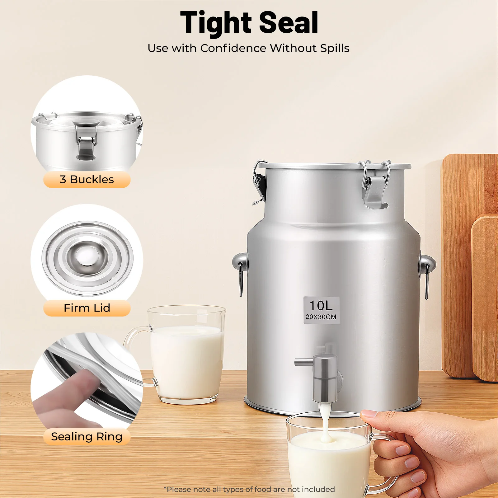 2.64Gal 304 Stainless Steel Beverage Dispenser – 10L – Leak-Proof Lid – 3 Buckles – Faucet – Hangable Lid – 7.87"x11.81" – 3.97 lbs – for Milk Juice Oil Rice Storage – Home Party – Silver