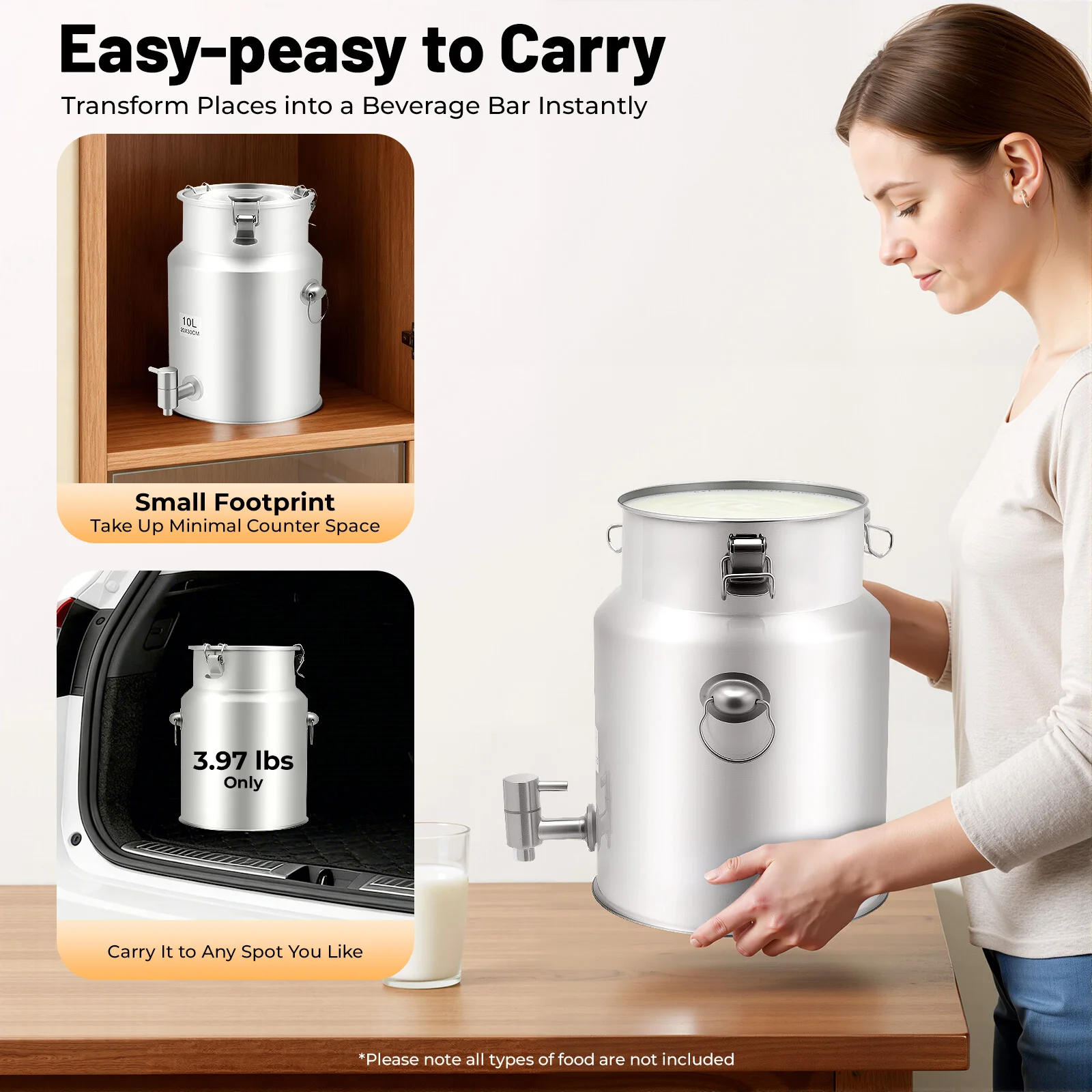 2.64Gal 304 Stainless Steel Beverage Dispenser – 10L – Leak-Proof Lid – 3 Buckles – Faucet – Hangable Lid – 7.87"x11.81" – 3.97 lbs – for Milk Juice Oil Rice Storage – Home Party – Silver
