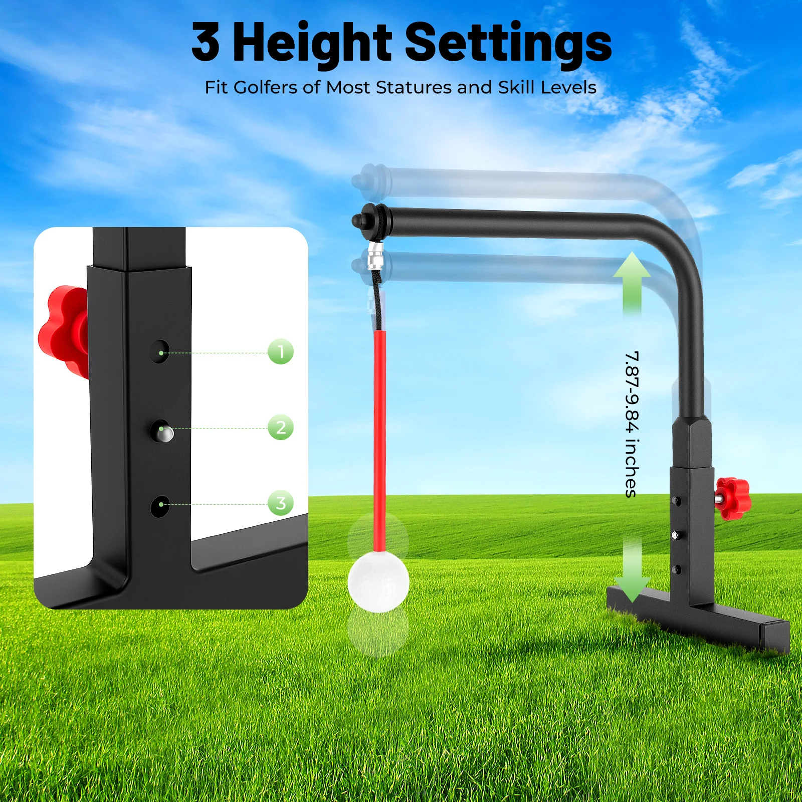 Golf Swing Trainer, Golf Practice Swing Aid, Golf Training Equipment, Durable Iron Construction, 360° Automatic Ball Return, Adjustable Height, Indoor Outdoor Use, Compact Portable Design, Chipping, Straight, Hook Swing Trainer for Beginners and Pros