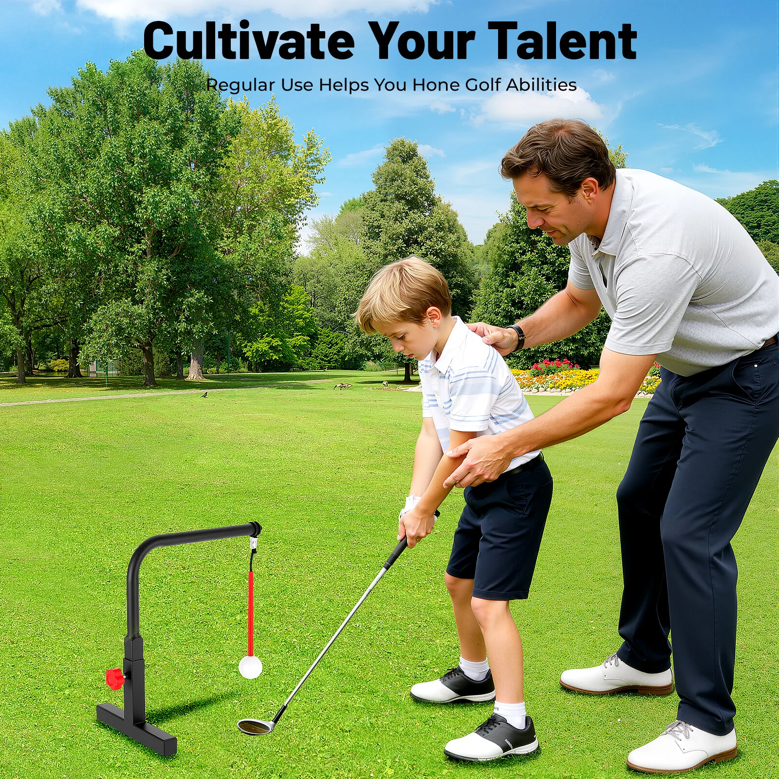 Golf Swing Trainer, Golf Practice Swing Aid, Golf Training Equipment, Durable Iron Construction, 360° Automatic Ball Return, Adjustable Height, Indoor Outdoor Use, Compact Portable Design, Chipping, Straight, Hook Swing Trainer for Beginners and Pros
