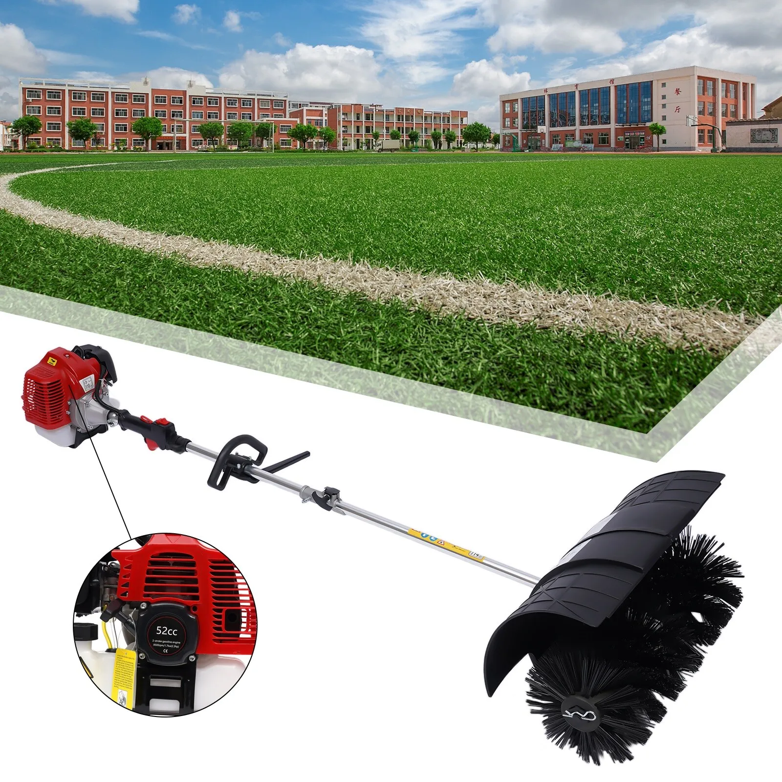 52CC 6500-8500rpm 2.3hp Multi-Purpose Handheld Sweeper Broom 2-Stroke 1-Cylinder Gas Power with Curved Baffle Quick Connector for Driveway Turf Artificial Grass Snow Clean