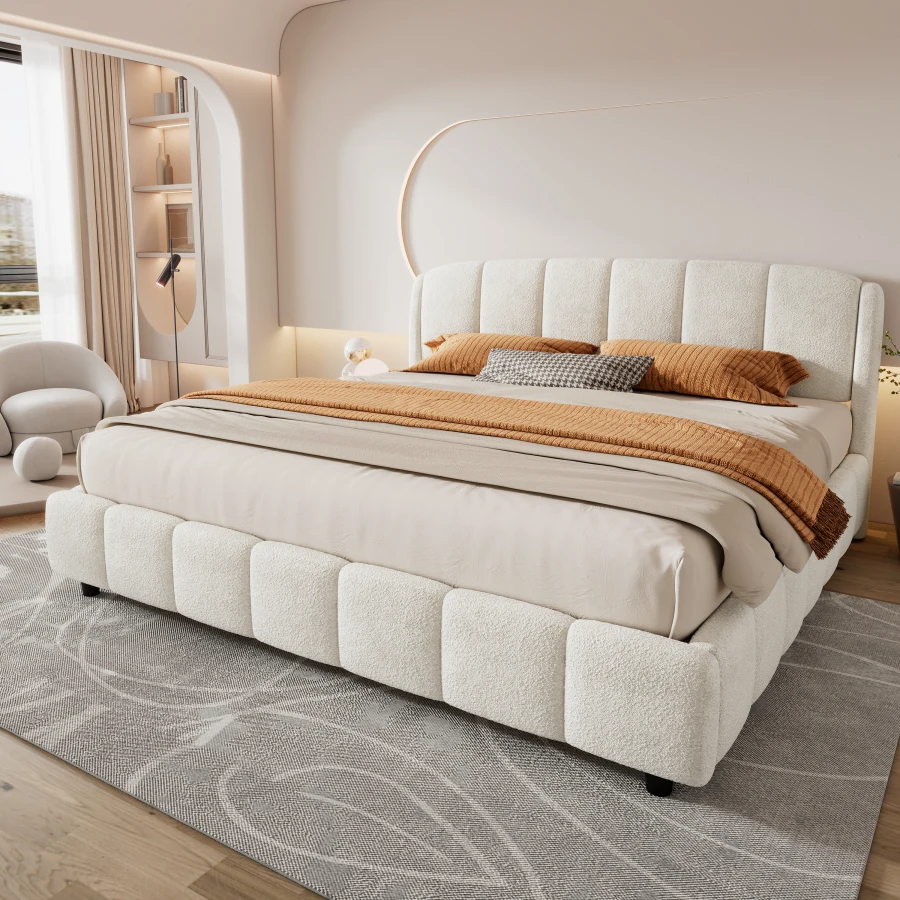 King Size Platform Bed with Boucle, Soft Boucle Fabric Upholstered Platform Bed with Curve-Shaped Design Headboard, Beige Anti-