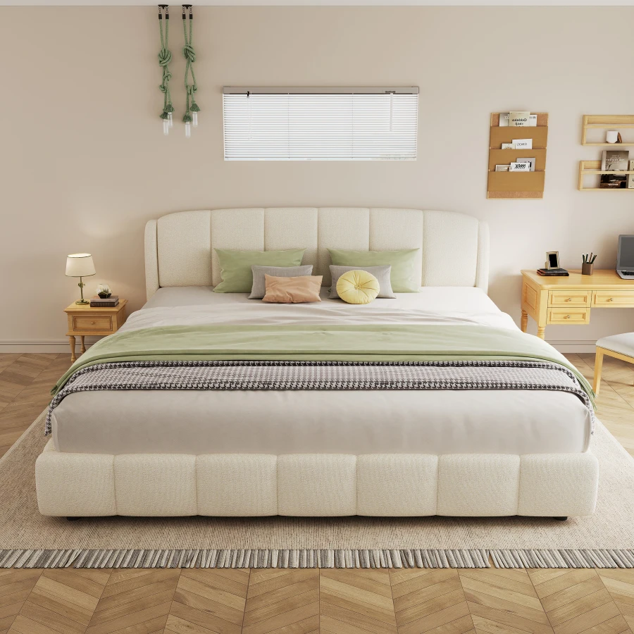 King Size Platform Bed with Boucle, Soft Boucle Fabric Upholstered Platform Bed with Curve-Shaped Design Headboard, Beige Anti-