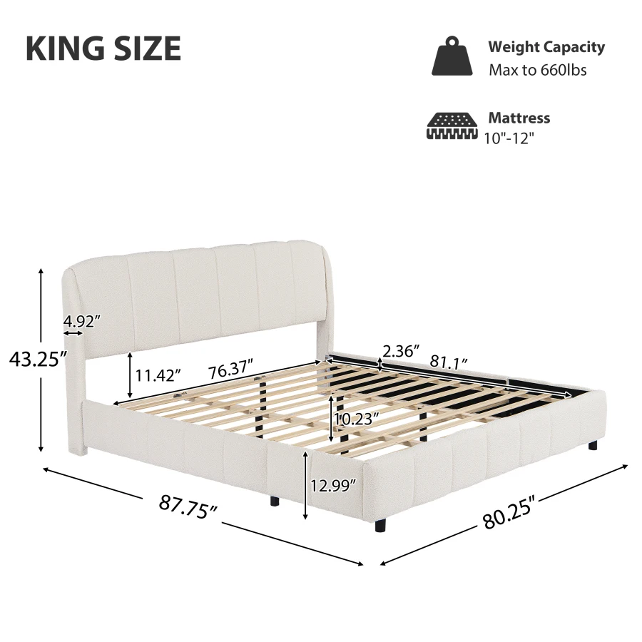 King Size Platform Bed with Boucle, Soft Boucle Fabric Upholstered Platform Bed with Curve-Shaped Design Headboard, Beige Anti-