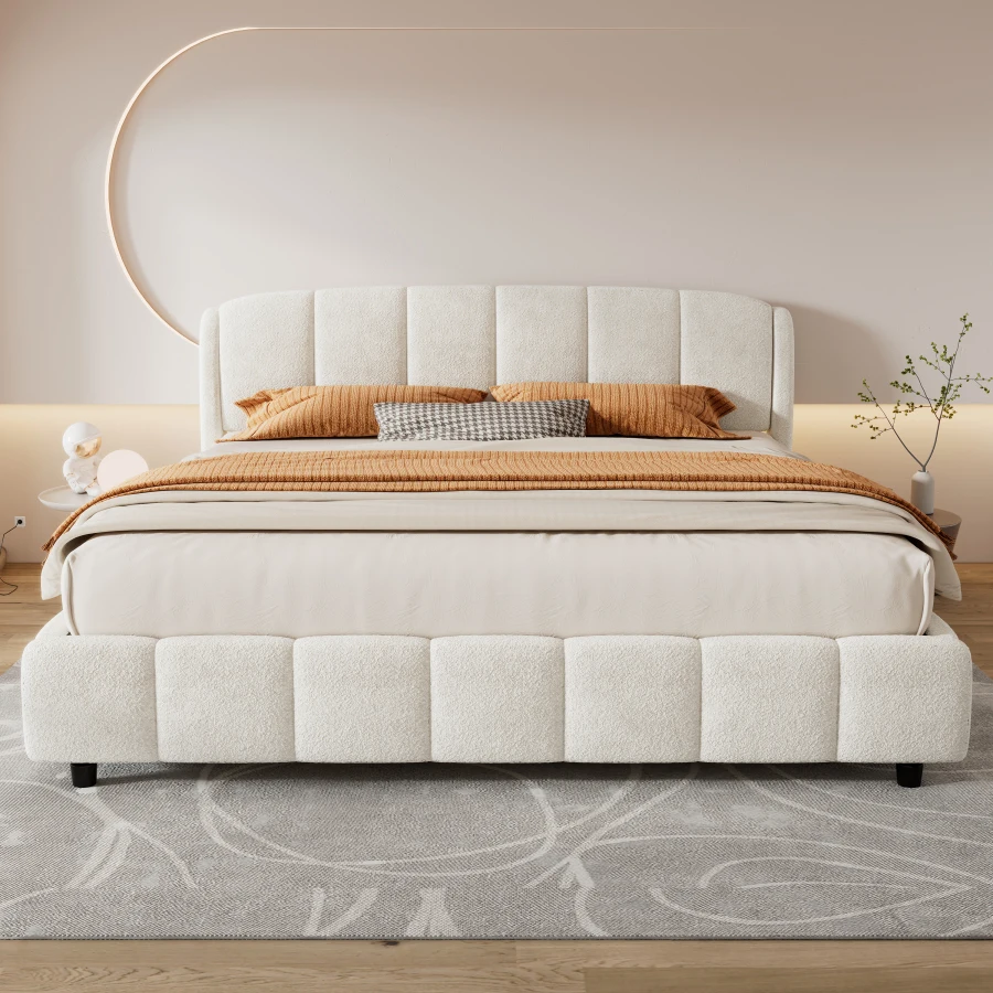 King Size Platform Bed with Boucle, Soft Boucle Fabric Upholstered Platform Bed with Curve-Shaped Design Headboard, Beige Anti-