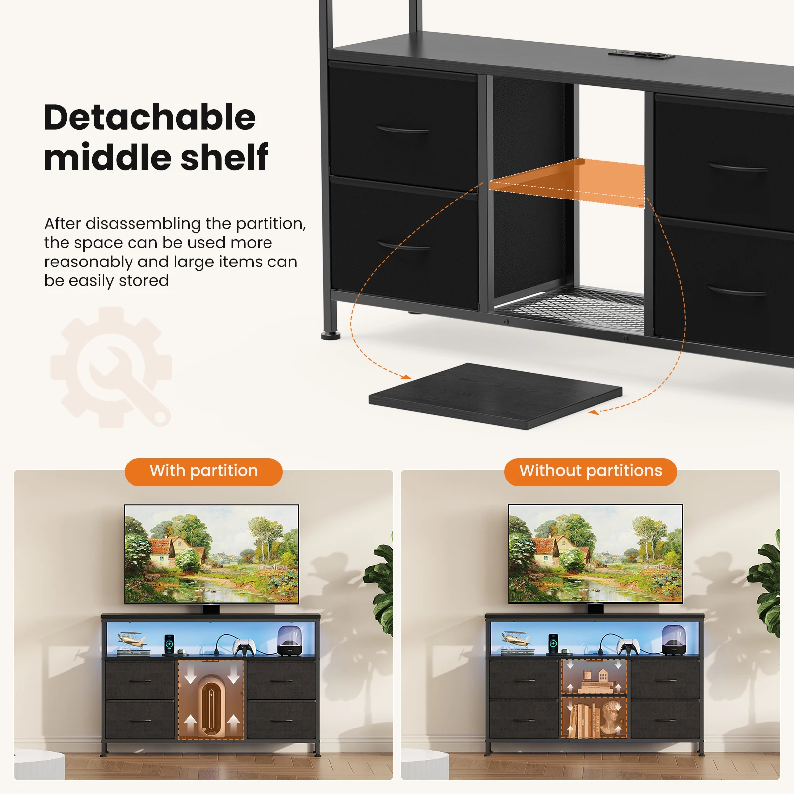 MCQ Fabric 4 Drawers Cabinet with LED Lights For Living Room Open Shelf Adjustable Feet and Media Console for 43 50 Inch TV Dresser Tables Storage Closet Chest Living Room Furniture