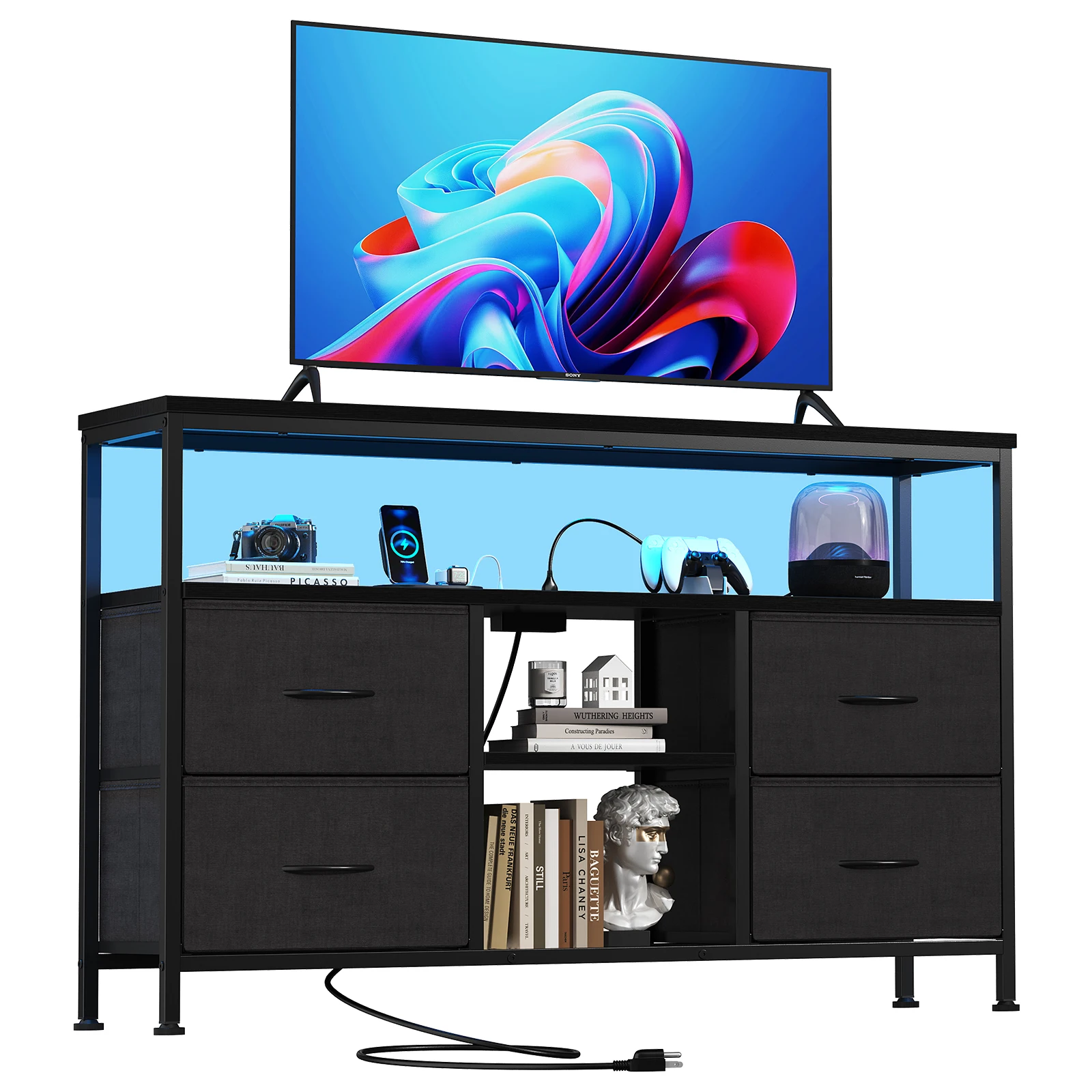 MCQ Fabric 4 Drawers Cabinet with LED Lights For Living Room Open Shelf Adjustable Feet and Media Console for 43 50 Inch TV Dresser Tables Storage Closet Chest Living Room Furniture