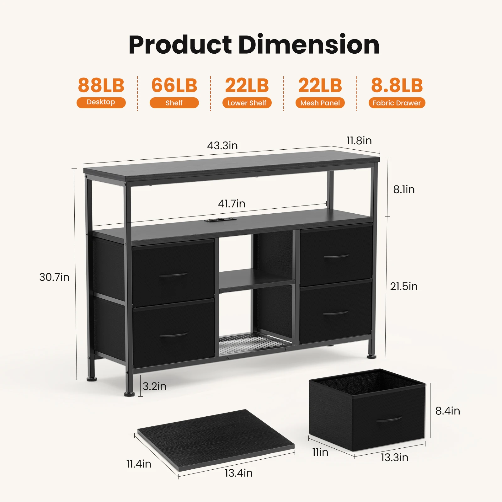 MCQ Fabric 4 Drawers Cabinet with LED Lights For Living Room Open Shelf Adjustable Feet and Media Console for 43 50 Inch TV Dresser Tables Storage Closet Chest Living Room Furniture