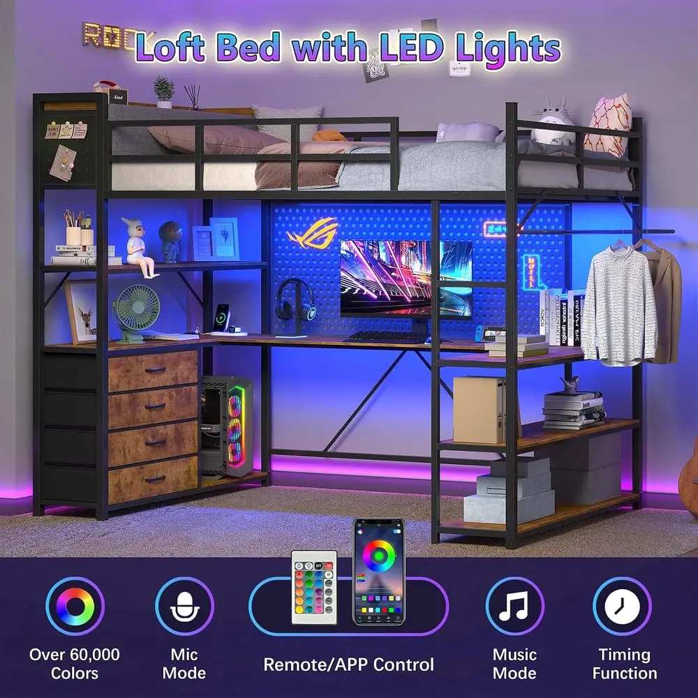 Lot Bed Twin Size with Storage Upholstered board, Metal Twin Lot Bed e with U-Shaped Desk & LED Lights, Bunk Lot Beds with Power