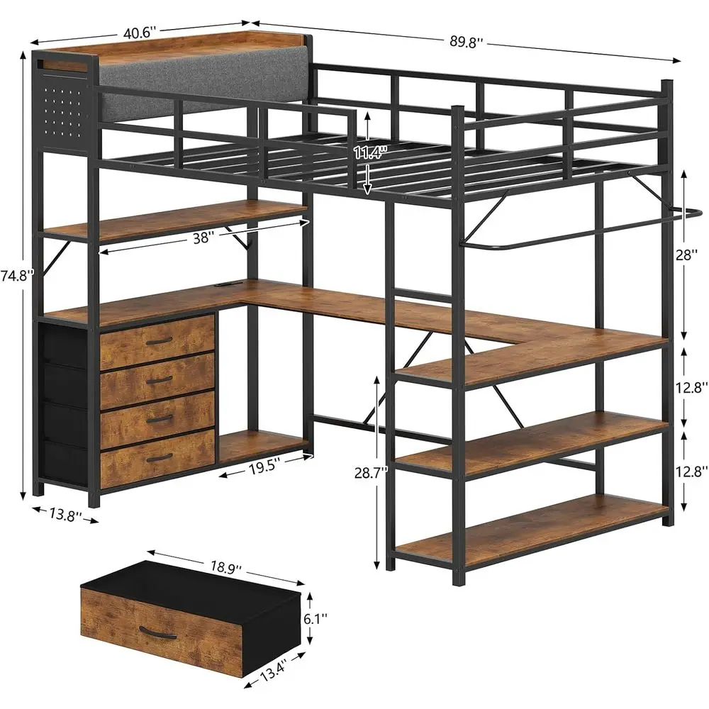 Lot Bed Twin Size with Storage Upholstered board, Metal Twin Lot Bed e with U-Shaped Desk & LED Lights, Bunk Lot Beds with Power