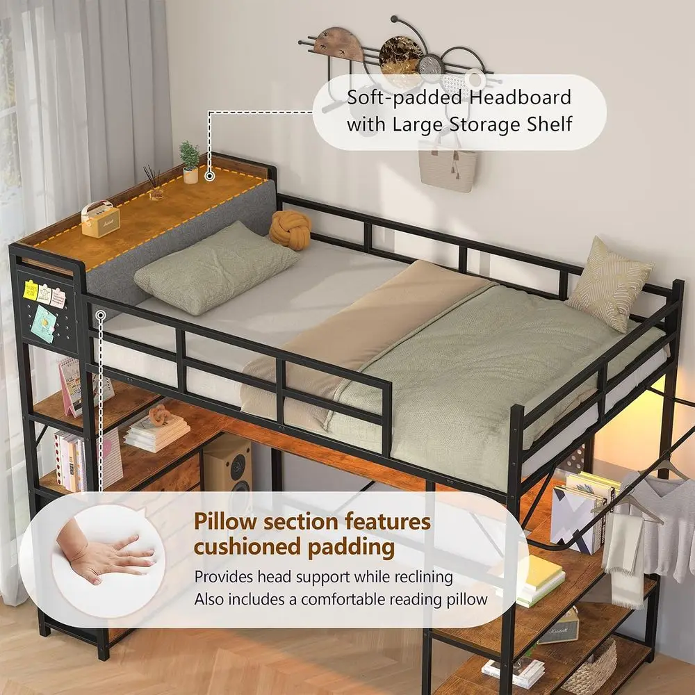 Lot Bed Twin Size with Storage Upholstered board, Metal Twin Lot Bed e with U-Shaped Desk & LED Lights, Bunk Lot Beds with Power