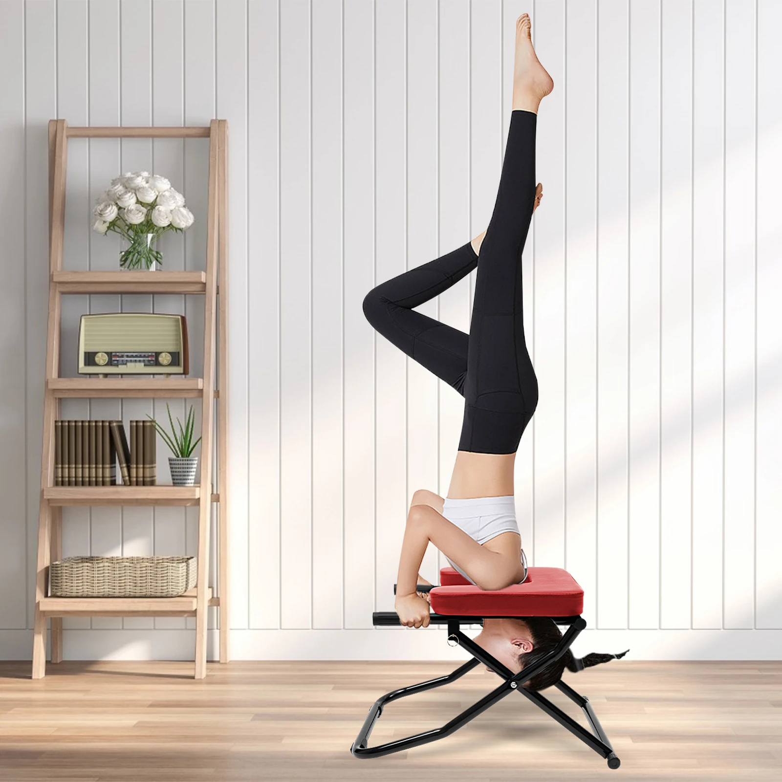 Red / Black Inversion Chair, Inversion Table, Flip Training Equipment, Steel Yoga Headstand Bench, PU Cushion Thick Foam, Anti-Slip Feet, Double Lock Pin, Stretching Strength Training, Durable Anti-Corrosion, for Home Gym Workout