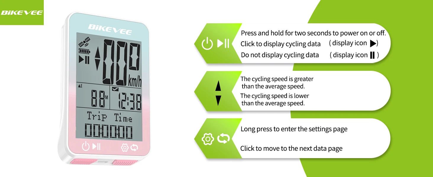 Bikevee Sports Fitness Wireless Bike Speedometer GPS Bicycle Computer 8 Languages IPX7 Waterproof 2.4" LCD Display MPH KM/H with Auto Start/Stop/Backlight Cycling Computer Stopwatch Tracking