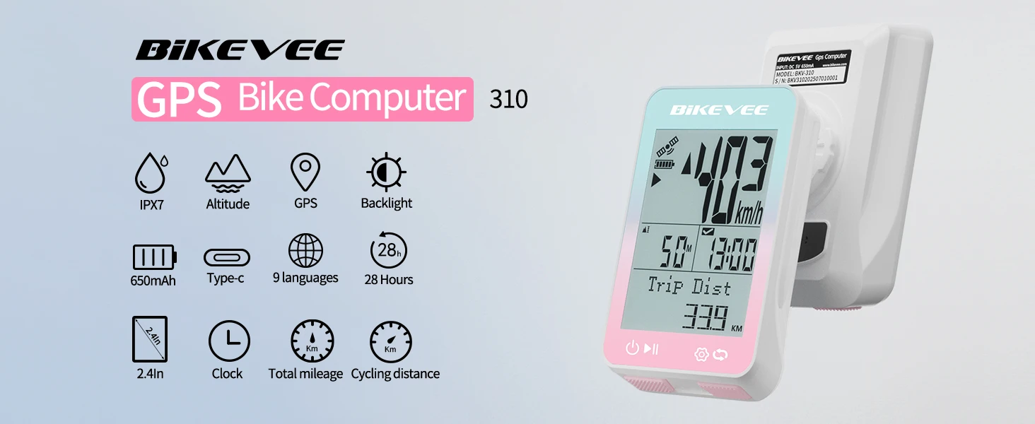 Bikevee Sports Fitness Wireless Bike Speedometer GPS Bicycle Computer 8 Languages IPX7 Waterproof 2.4" LCD Display MPH KM/H with Auto Start/Stop/Backlight Cycling Computer Stopwatch Tracking