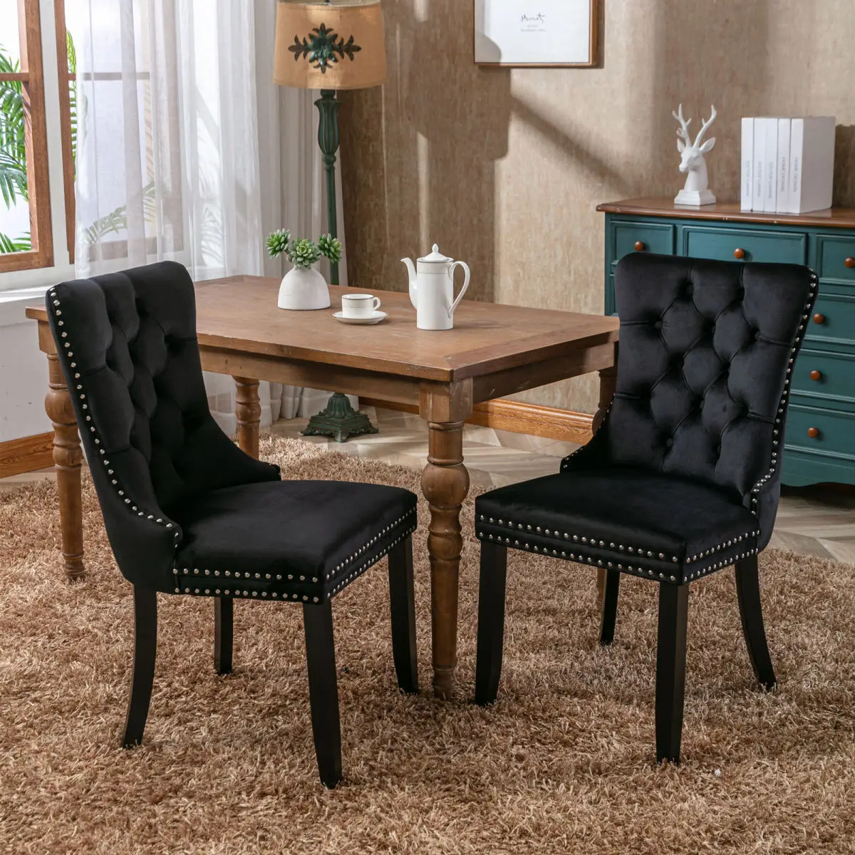 Nikki Collection Modern, High-end Tufted Solid Wood Contemporary Velvet Upholstered Dining Chair with Wood Legs Nailhead Trim