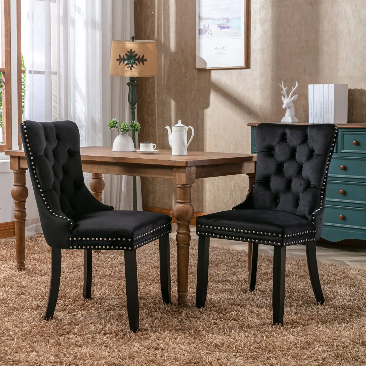 Nikki Collection Modern, High-end Tufted Solid Wood Contemporary Velvet Upholstered Dining Chair with Wood Legs Nailhead Trim