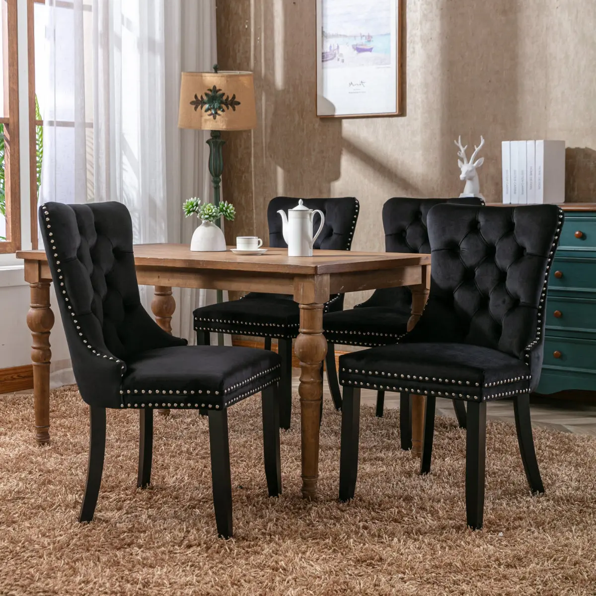 Nikki Collection Modern, High-end Tufted Solid Wood Contemporary Velvet Upholstered Dining Chair with Wood Legs Nailhead Trim