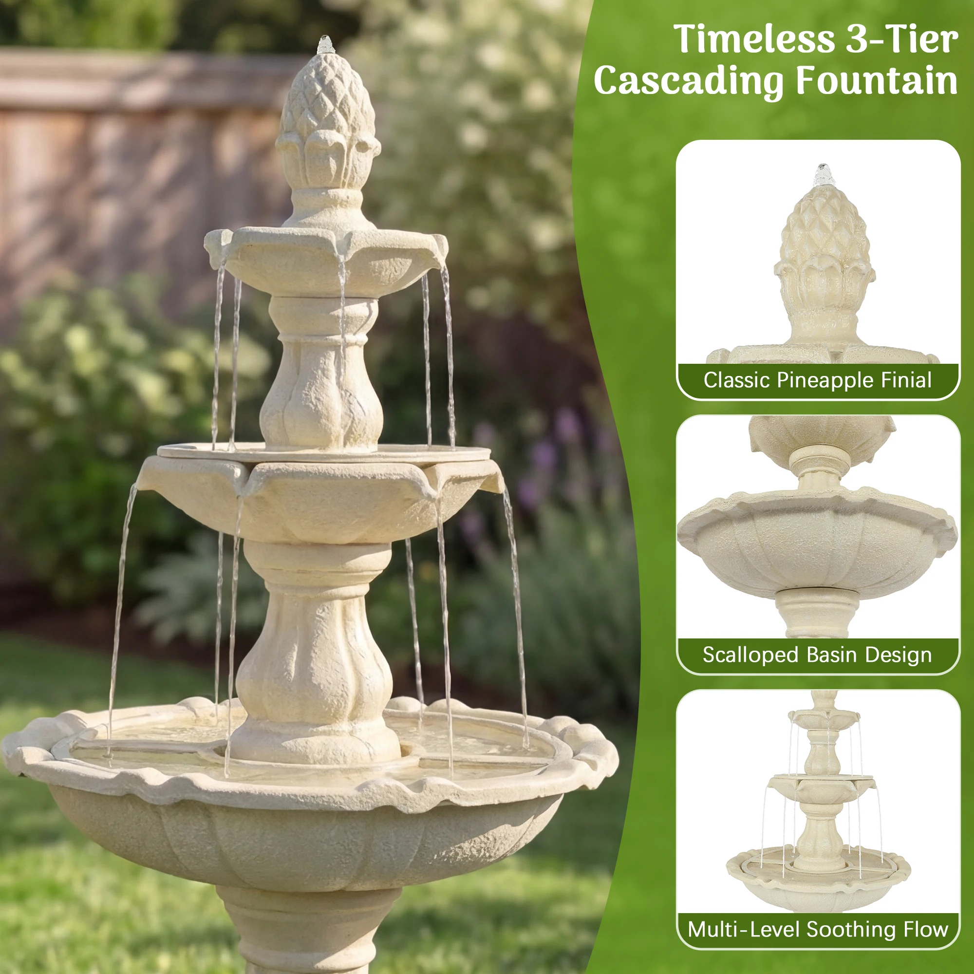 Redlife 50.5" 3-Tier Solar-Powered Outdoor Water Fountain with Pineapple Finial – Resin Cascading Water Feature, Weather-Resistant for Garden, Patio & Backyard Decor, White