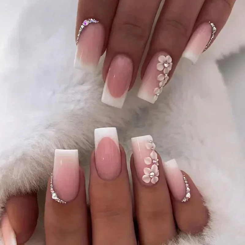 24 PCs Short French Simple Flower Pile Drill Nails with 1 Jelly Glue and 1 Nail File