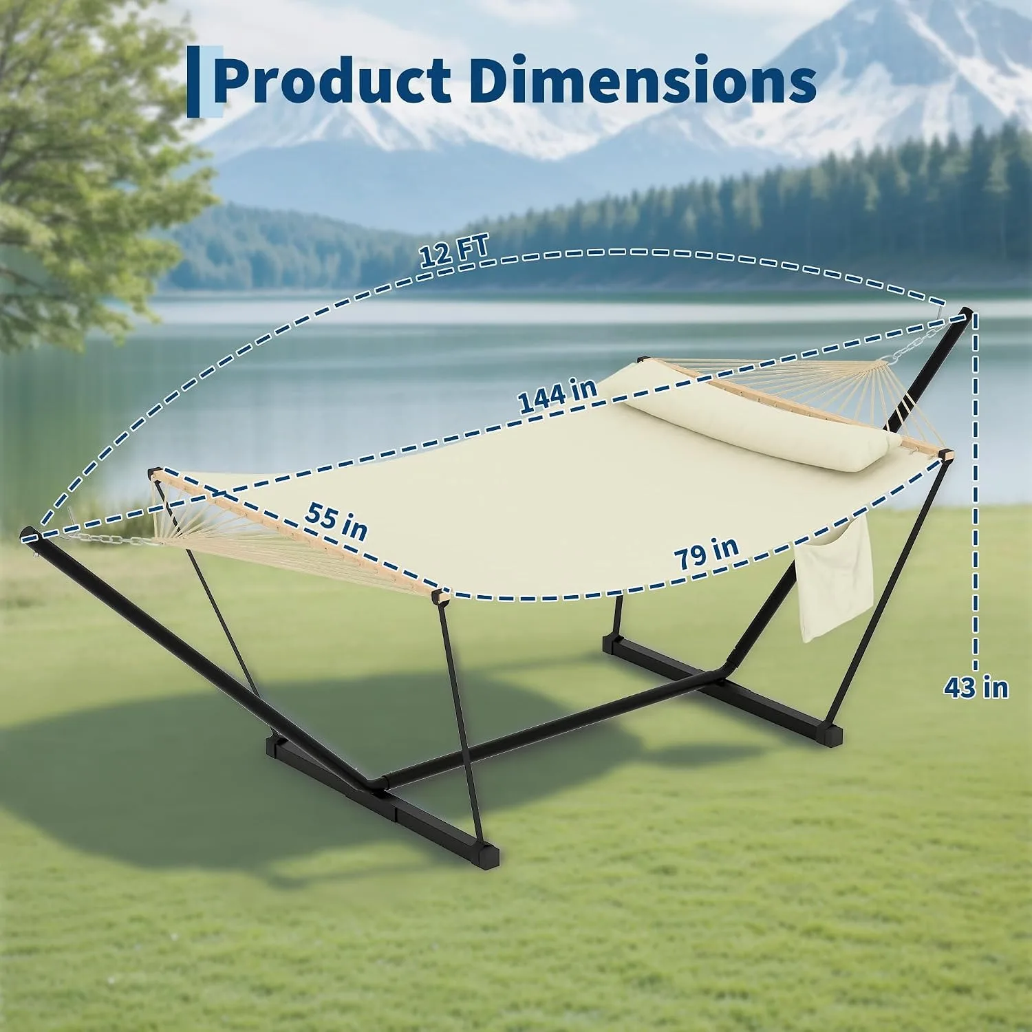 2-Person Hammock with Stand for Outside, 450lbs Double Hammock with Balance Rope and Pillow, Polyester Hammock Set for Backyard Poolside Camping Beach, Off White