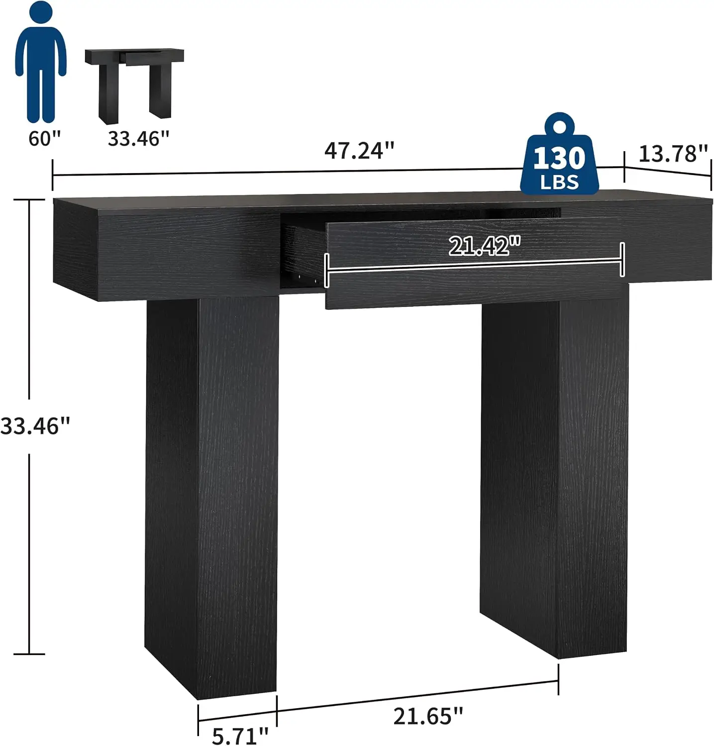 47" Long Console Table with Drawer,Narrow Entryway Table,Charcoal | Wood Rectangular Sofa Table Behind The Couch,TV Stand,Farmhouse Entry Way Tables for Entrance,Hallway,Foyer,Living Room