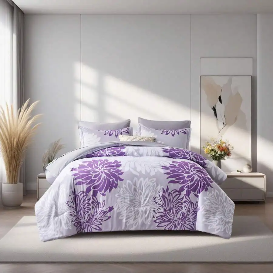 7 Pieces Chic Floral Printed Bed Comforter Sets, Queen King, Soft And Comfortable Summer Bedding Sets, Bed In A Bag, Hotel Bedro