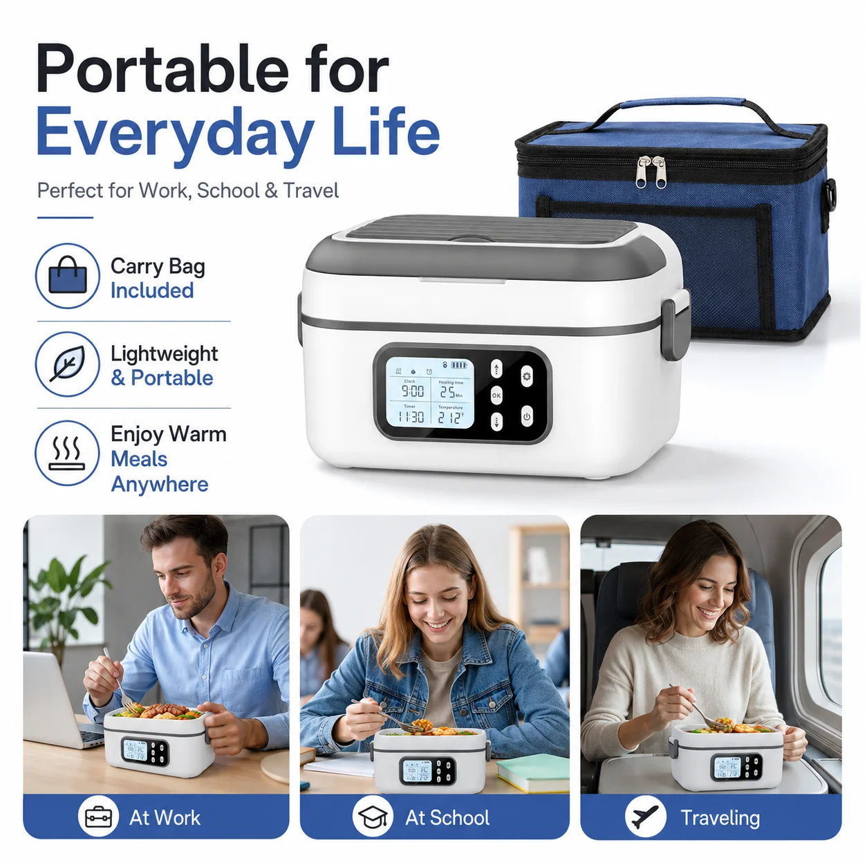 6.3 Cups Electric Heating Lunch Box with Digital Timer, Portable Stainless Steel Self-Heating Food Warmer, Plug & Battery Dual Use Heated Lunch Container, Travel Office Camping Food Heater with Cutlery & Storage Bag