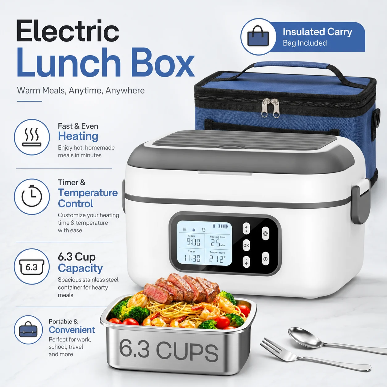 6.3 Cups Electric Heating Lunch Box with Digital Timer, Portable Stainless Steel Self-Heating Food Warmer, Plug & Battery Dual Use Heated Lunch Container, Travel Office Camping Food Heater with Cutlery & Storage Bag