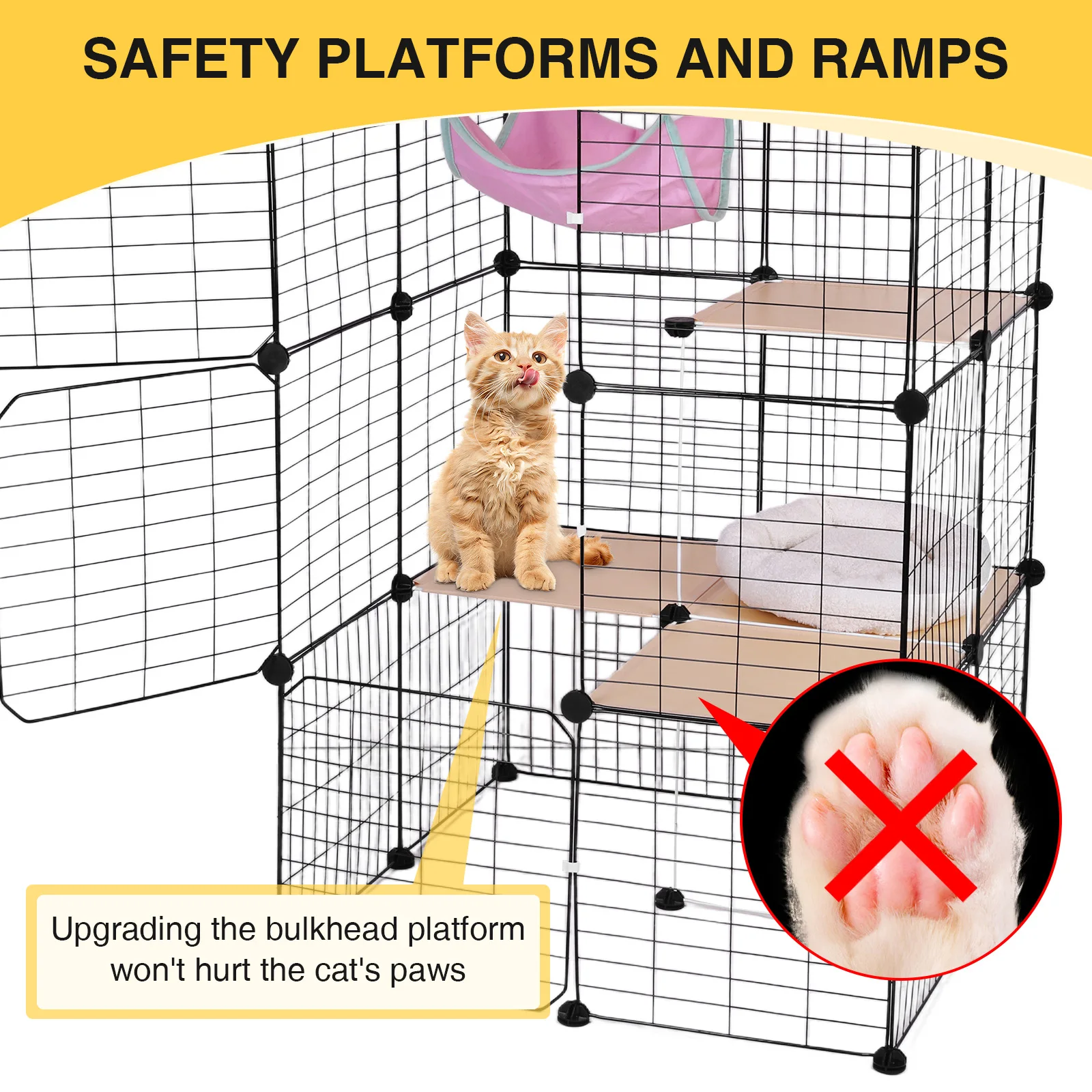 3-Tier Indoor Cat Enclosures & Hammock and Bed Cat Wire Kennel Crate Kitten Playpen Cage Large Exercise Place Ideal for 1-3Cats
