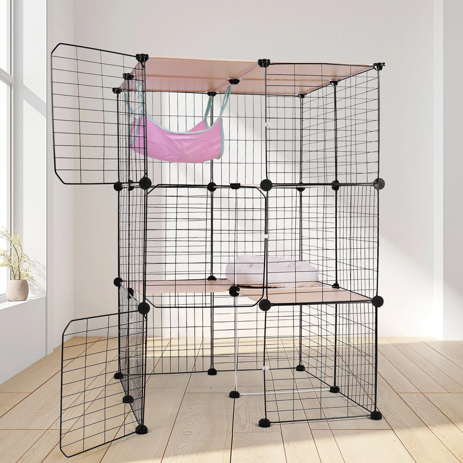 3-Tier Indoor Cat Enclosures & Hammock and Bed Cat Wire Kennel Crate Kitten Playpen Cage Large Exercise Place Ideal for 1-3Cats