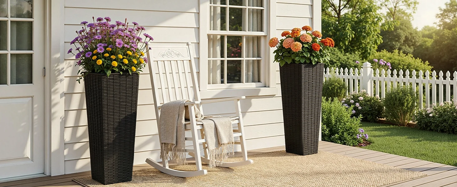 2PCS 32 Inch Tall Planter Resin Rattan Texture Modern Rectangular Tall Plant Pot with Removable Inner Pots Drainage Holes