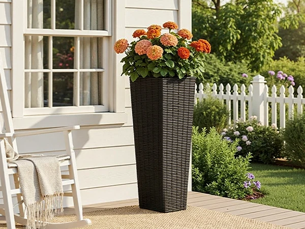 2PCS 32 Inch Tall Planter Resin Rattan Texture Modern Rectangular Tall Plant Pot with Removable Inner Pots Drainage Holes