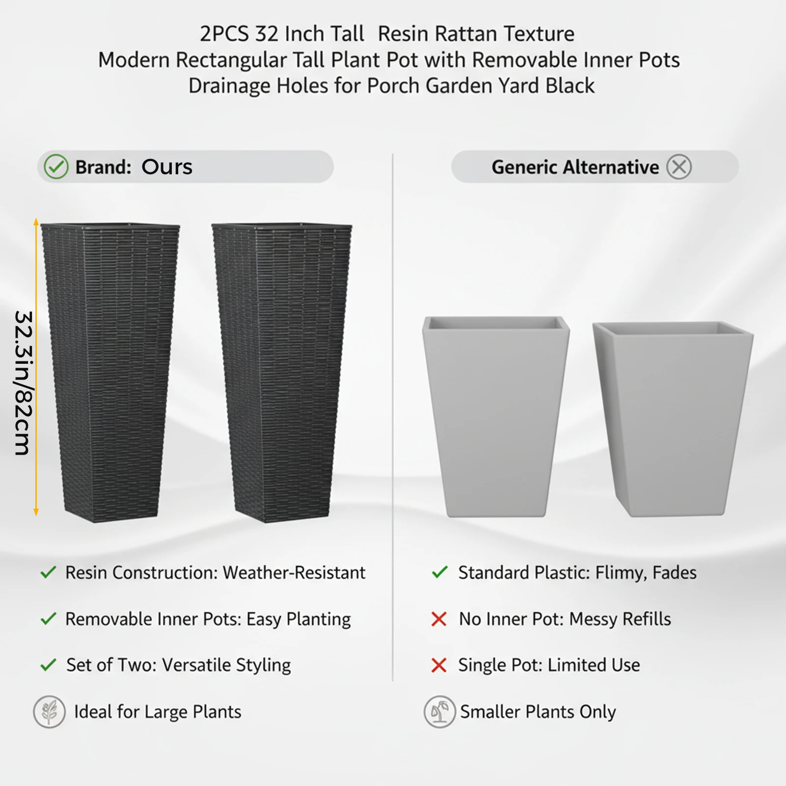 2PCS 32 Inch Tall Planter Resin Rattan Texture Modern Rectangular Tall Plant Pot with Removable Inner Pots Drainage Holes